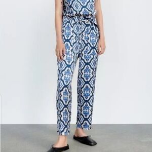 Zara Women's Silky Satin Trouser Pants Abstract Print in Blue and Cream‎ Size S
